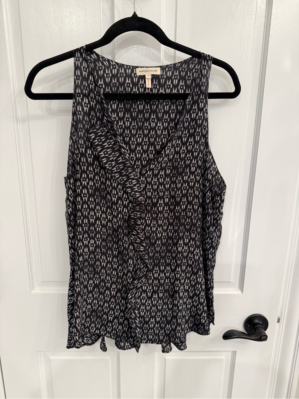 Rebecca Taylor 100% Silk Black & White Printed Ruffle Tank Top